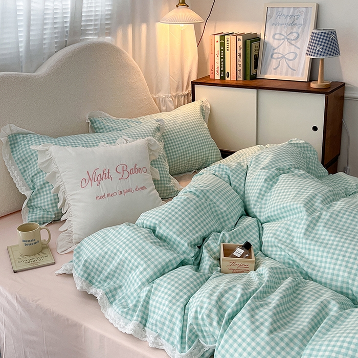 91家纺网 家纺一手货源 找家纺 昔可家纺 2024新款m1u系格子蕾丝花边四件套 森系绿格