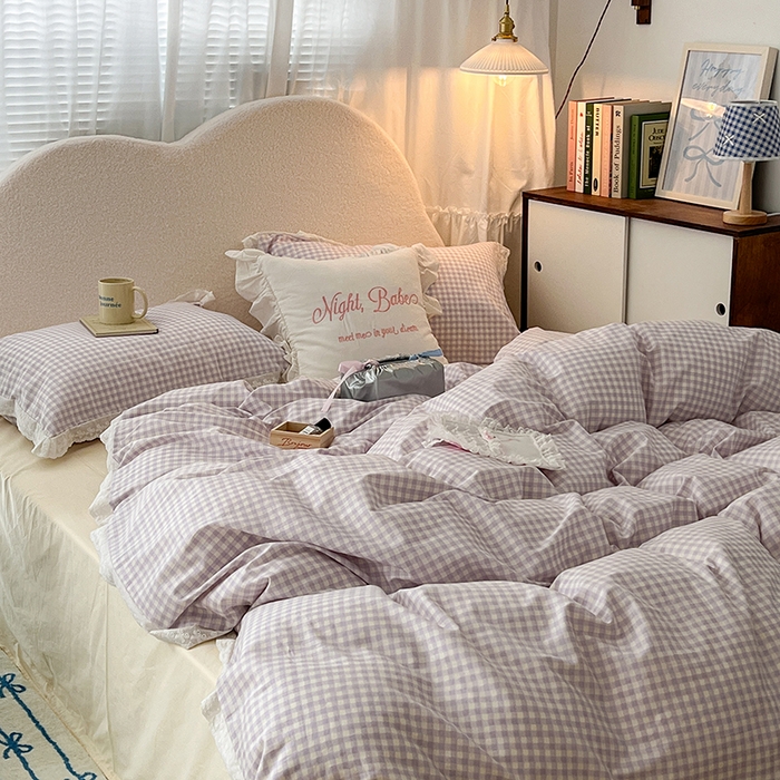 91家纺网 家纺一手货源 找家纺 昔可家纺 2024新款m1u系格子蕾丝花边四件套 奶油紫格