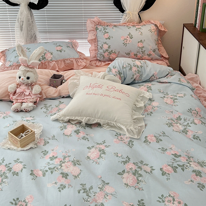 91家纺网 家纺一手货源 找家纺 昔可家纺 2024新款双层纱贴边全棉四件套 西曼蔷薇