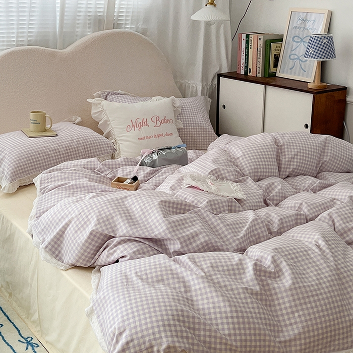 91家纺网 家纺一手货源 找家纺 昔可家纺 2024新款m1u系格子蕾丝花边四件套 奶油紫格