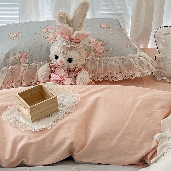 91家纺网 家纺一手货源 找家纺 昔可家纺 2024新款仙仙蕾丝贴边全棉花边款四件套 粉樱花蕾