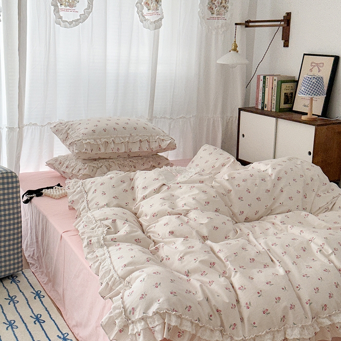 91家纺网 家纺一手货源 找家纺 昔可家纺 2024蕾丝双层花边款全棉四件套 小椿芽