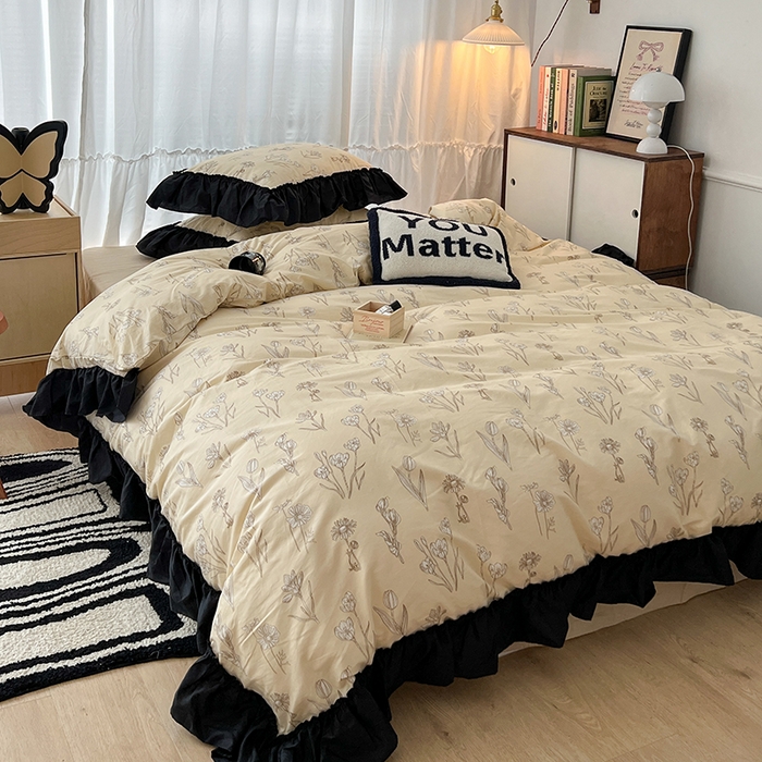 91家纺网 家纺一手货源 找家纺 昔可家纺 2024黑色贴边花边全棉款四件套 水墨栖语