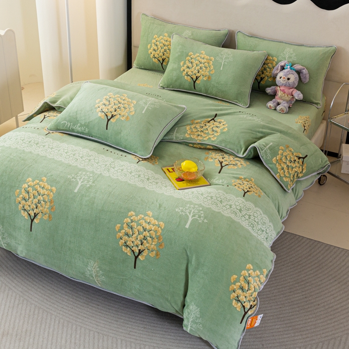 91家纺网 家纺一手货源 找家纺 欧喜璐 2024年新款 8.5-9.5斤加厚牛奶绒金貂绒法莱绒四件套单被套 银杏树