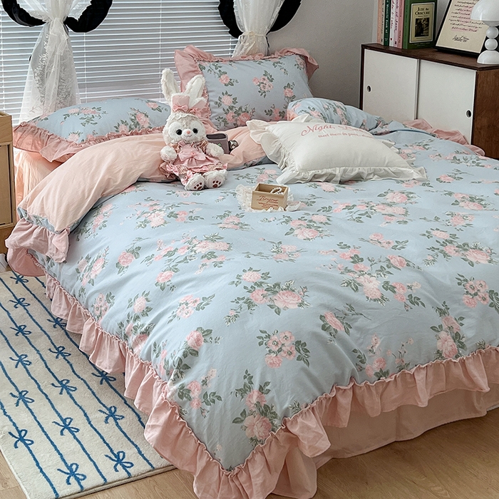 91家纺网 家纺一手货源 找家纺 昔可家纺 2024新款双层纱贴边全棉四件套 西曼蔷薇