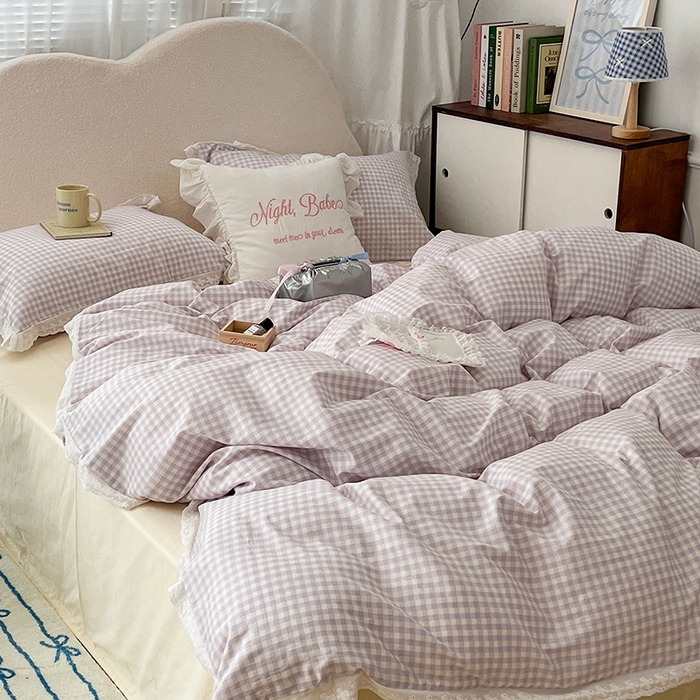 91家纺网 家纺一手货源 找家纺 昔可家纺 2024新款m1u系格子蕾丝花边四件套 奶油紫格