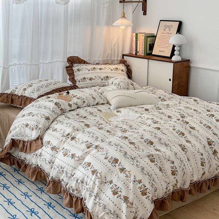 91家纺网 家纺一手货源 找家纺 昔可家纺 2024新款双层纱贴边全棉四件套 复古咖玫瑰