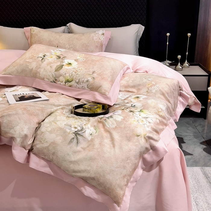 91家纺网 家纺一手货源 找家纺 氧家 2024新款数码印花天丝磨毛艾阳绒四件套 语蓉粉