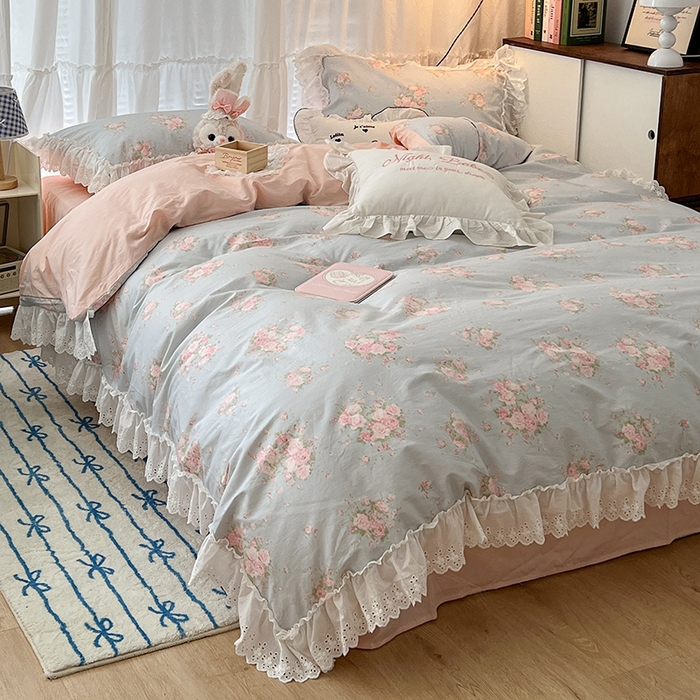 91家纺网 家纺一手货源 找家纺 昔可家纺 2024新款仙仙蕾丝贴边全棉花边款四件套 粉樱花蕾