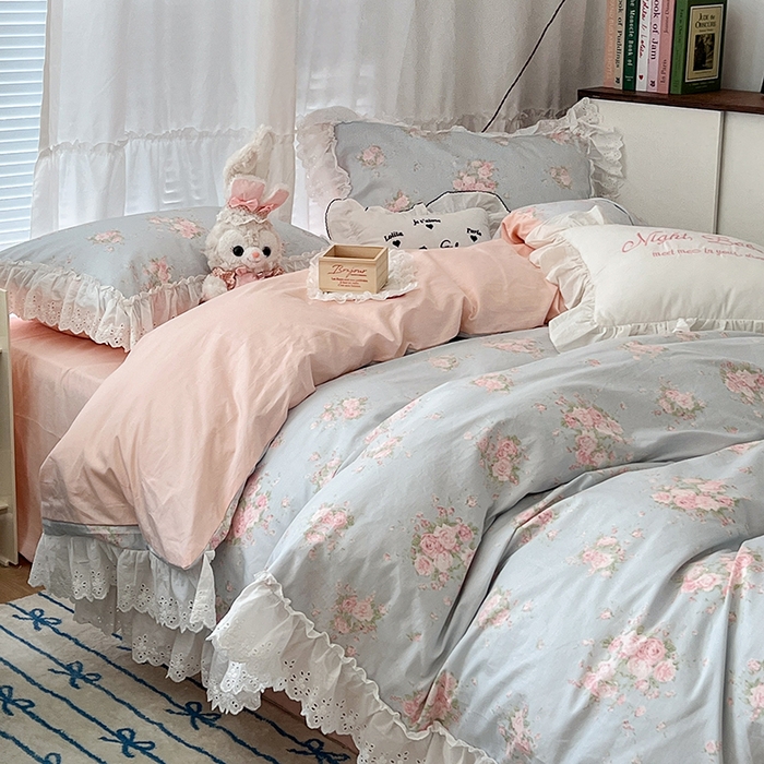 91家纺网 家纺一手货源 找家纺 昔可家纺 2024新款仙仙蕾丝贴边全棉花边款四件套 粉樱花蕾