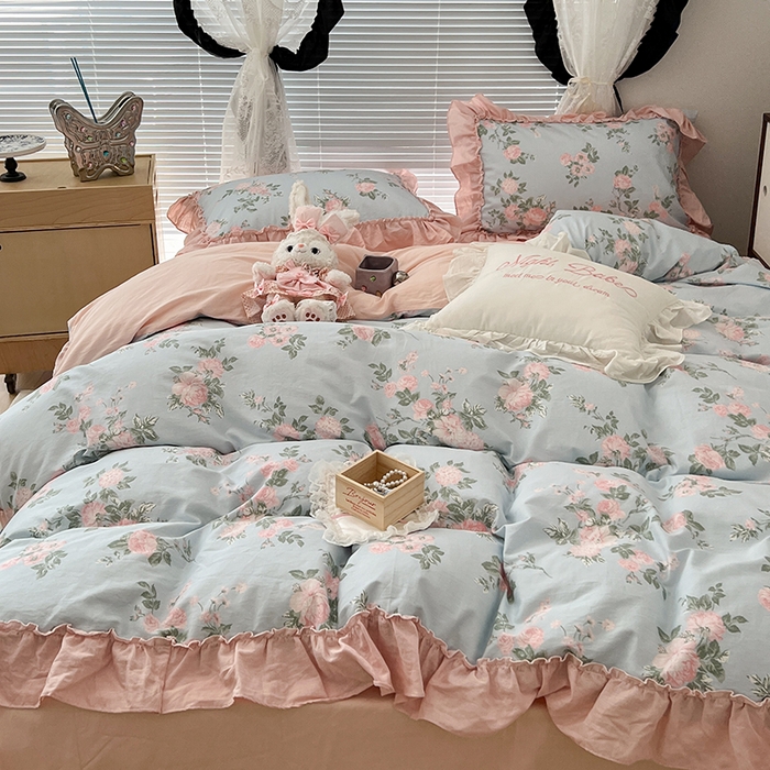 91家纺网 家纺一手货源 找家纺 昔可家纺 2024新款双层纱贴边全棉四件套 西曼蔷薇