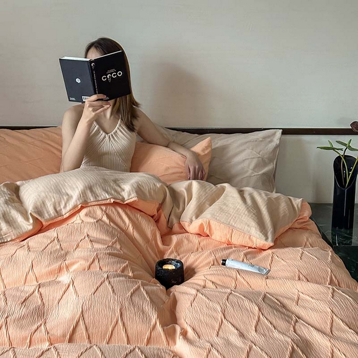 91家纺网 家纺一手货源 找家纺 2024新款全棉提花四件套-V克托瑞 桃橘色