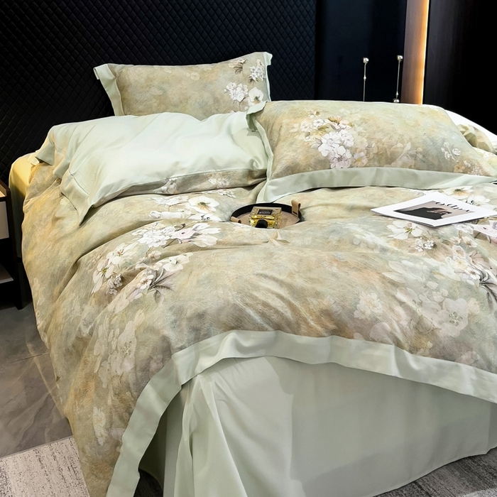 91家纺网 家纺一手货源 找家纺 氧家 2024新款数码印花天丝磨毛艾阳绒四件套 语蓉绿