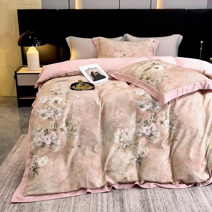 91家纺网 家纺一手货源 找家纺 氧家 2024新款数码印花天丝磨毛艾阳绒四件套 语蓉粉