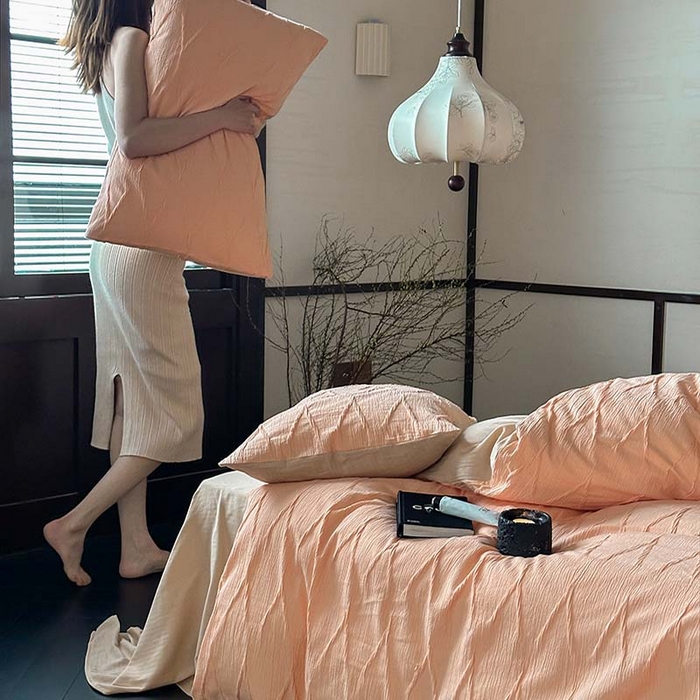 91家纺网 家纺一手货源 找家纺 2024新款全棉提花四件套-V克托瑞 桃橘色