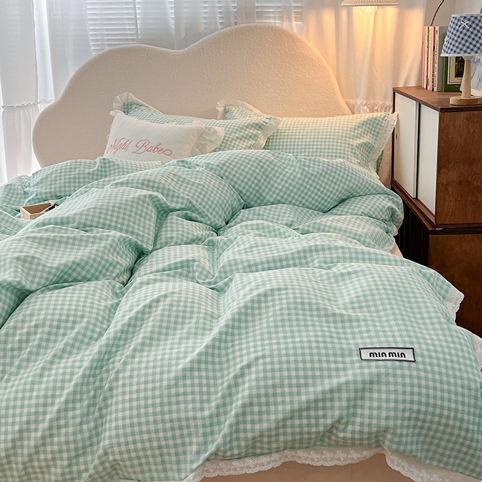 91家纺网 家纺一手货源 找家纺 昔可家纺 2024新款m1u系格子蕾丝花边四件套 森系绿格