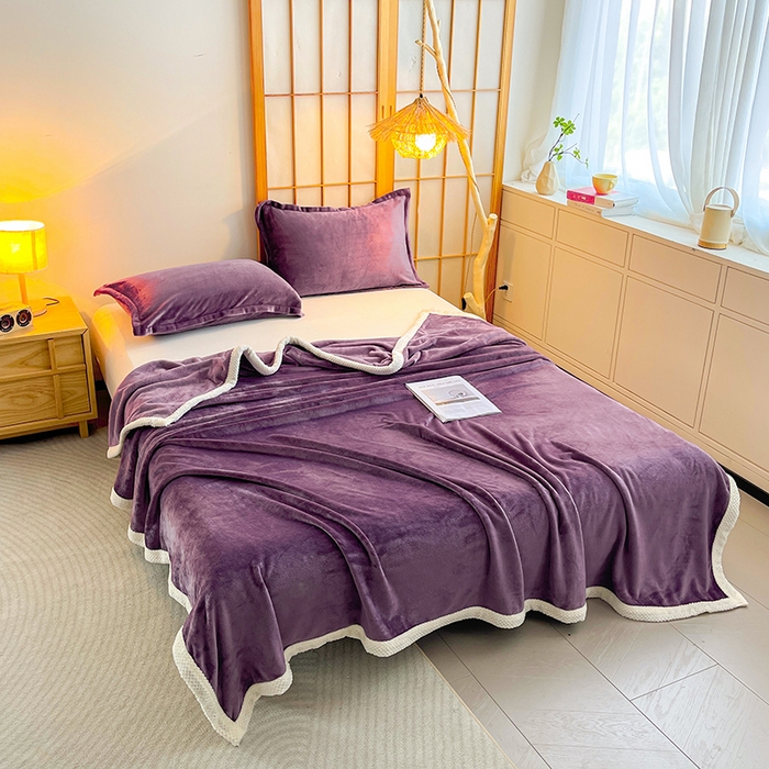 91家纺网 家纺一手货源 找家纺 千荨 2024新款亲肤舒适高克重双面牛奶绒纯色毛毯 牛奶绒-深紫色