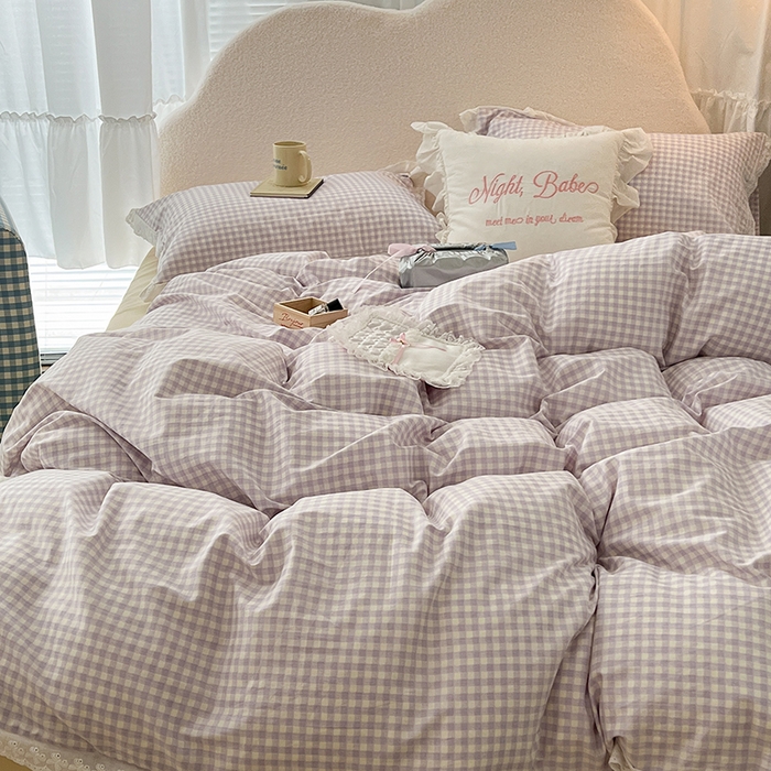 91家纺网 家纺一手货源 找家纺 昔可家纺 2024新款m1u系格子蕾丝花边四件套 奶油紫格