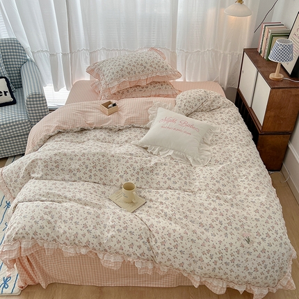 91家纺网 家纺一手货源 找家纺 昔可家纺 2024蕾丝双层花边款全棉四件套 春鹭杏花