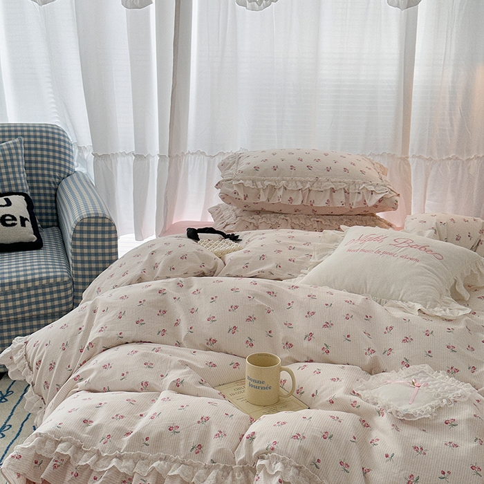 91家纺网 家纺一手货源 找家纺 昔可家纺 2024蕾丝双层花边款全棉四件套 小椿芽