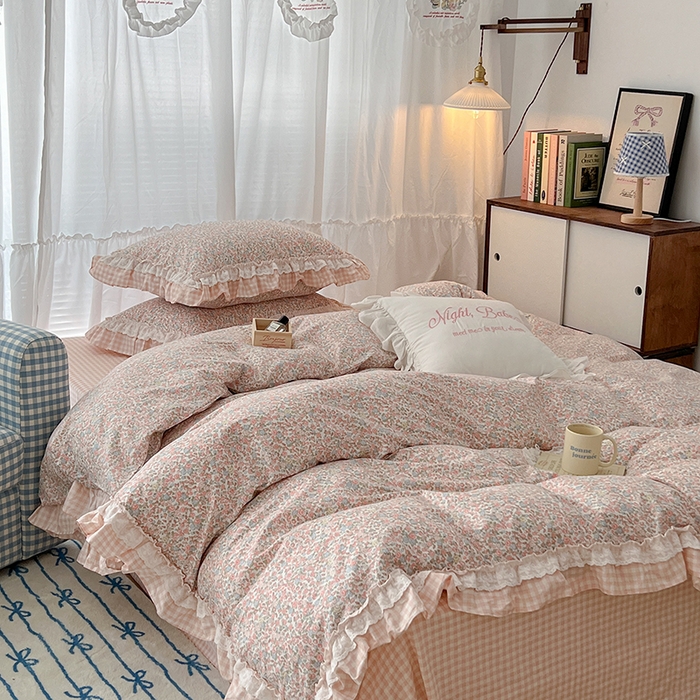 91家纺网 家纺一手货源 找家纺 昔可家纺 2024蕾丝双层花边款全棉四件套 日落花海