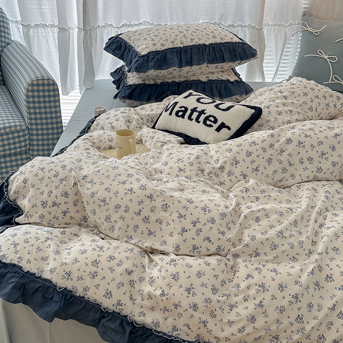 91家纺网 家纺一手货源 找家纺 昔可家纺 2024新款双层纱贴边全棉四件套 复古小蓝花