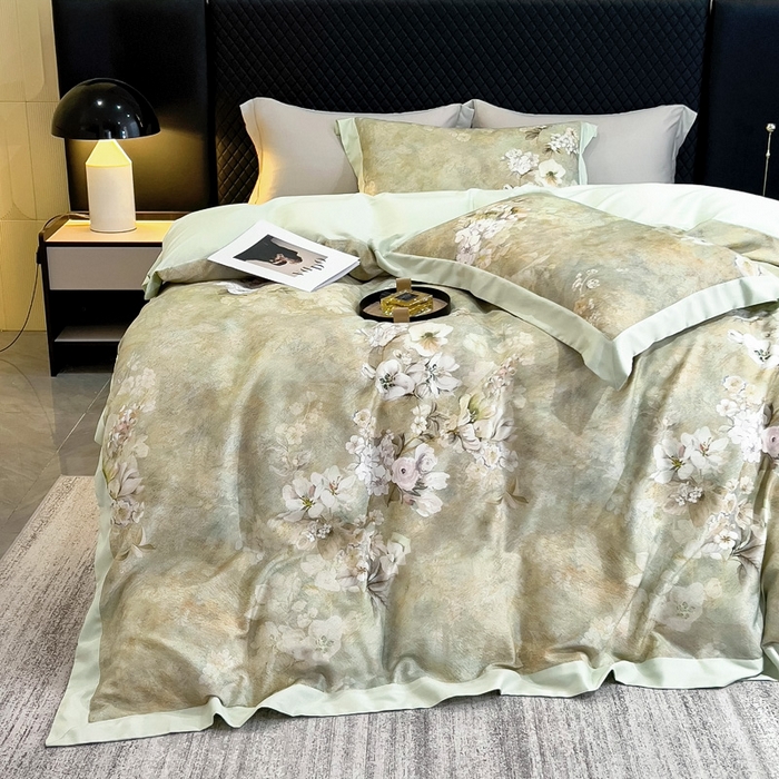 91家纺网 家纺一手货源 找家纺 氧家 2024新款数码印花天丝磨毛艾阳绒四件套 语蓉绿