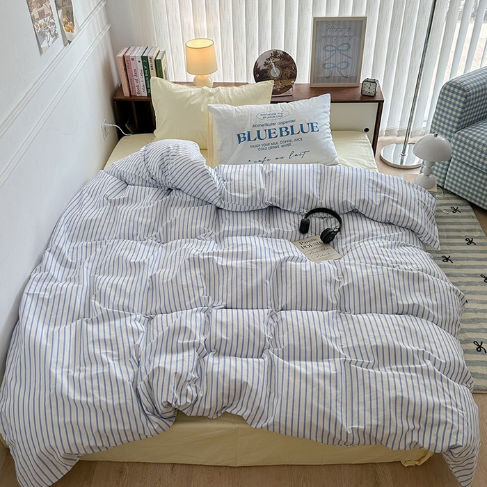 91家纺网 家纺一手货源 找家纺 昔可家纺 2024新款竖条全棉四件套大版枕套系列 盐系蓝条纹