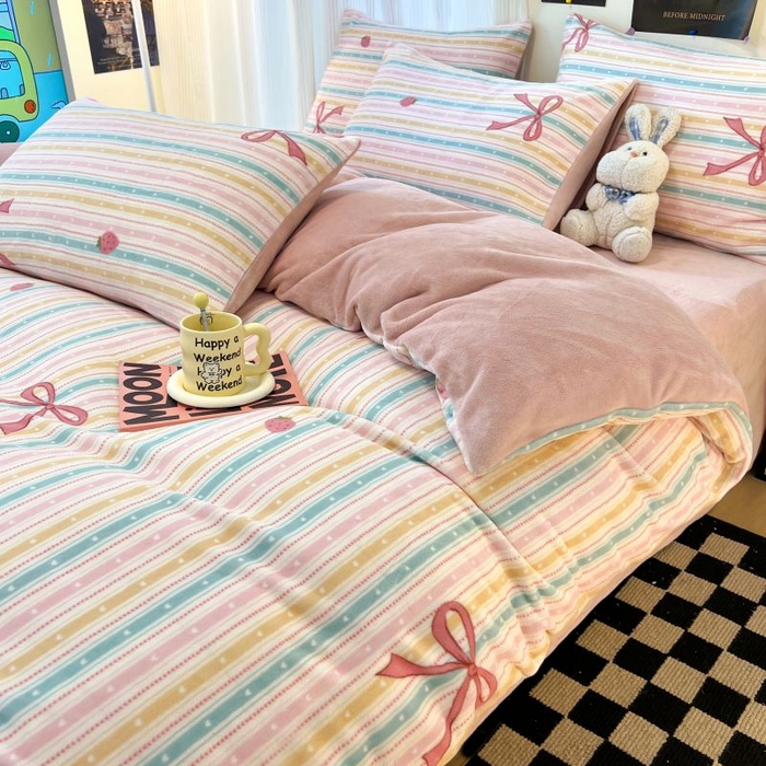 91家纺网 家纺一手货源 找家纺 2024新款原创小清新牛奶绒印花四件套 彩虹糖