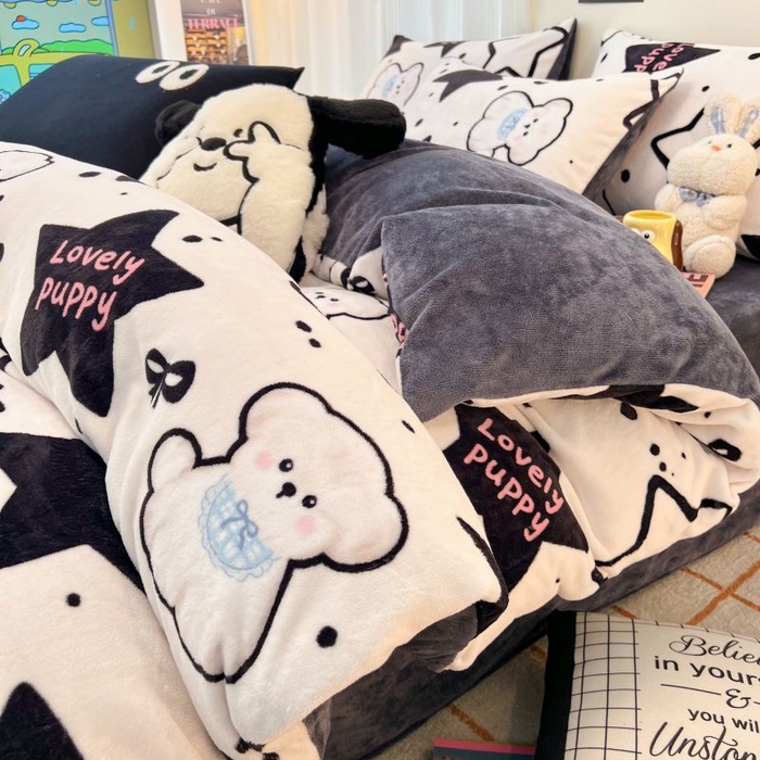 91家纺网 家纺一手货源 找家纺 2024新款原创小清新牛奶绒印花四件套 幸运狗