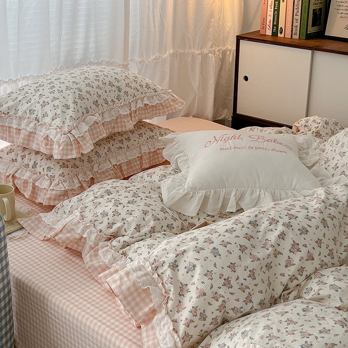 91家纺网 家纺一手货源 找家纺 昔可家纺 2024蕾丝双层花边款全棉四件套 春鹭杏花