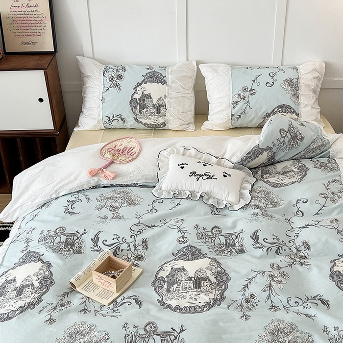 91家纺网 家纺一手货源 找家纺 昔可家纺 2024新款韩版花边工艺款四件套 复古城堡