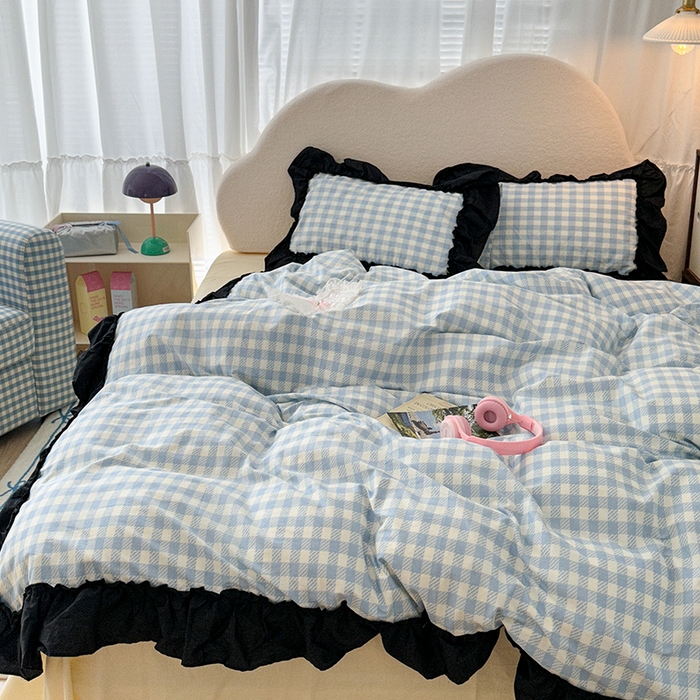 91家纺网 家纺一手货源 找家纺 昔可家纺 2024黑色贴边花边款格子系列四件套 缪缪蓝格