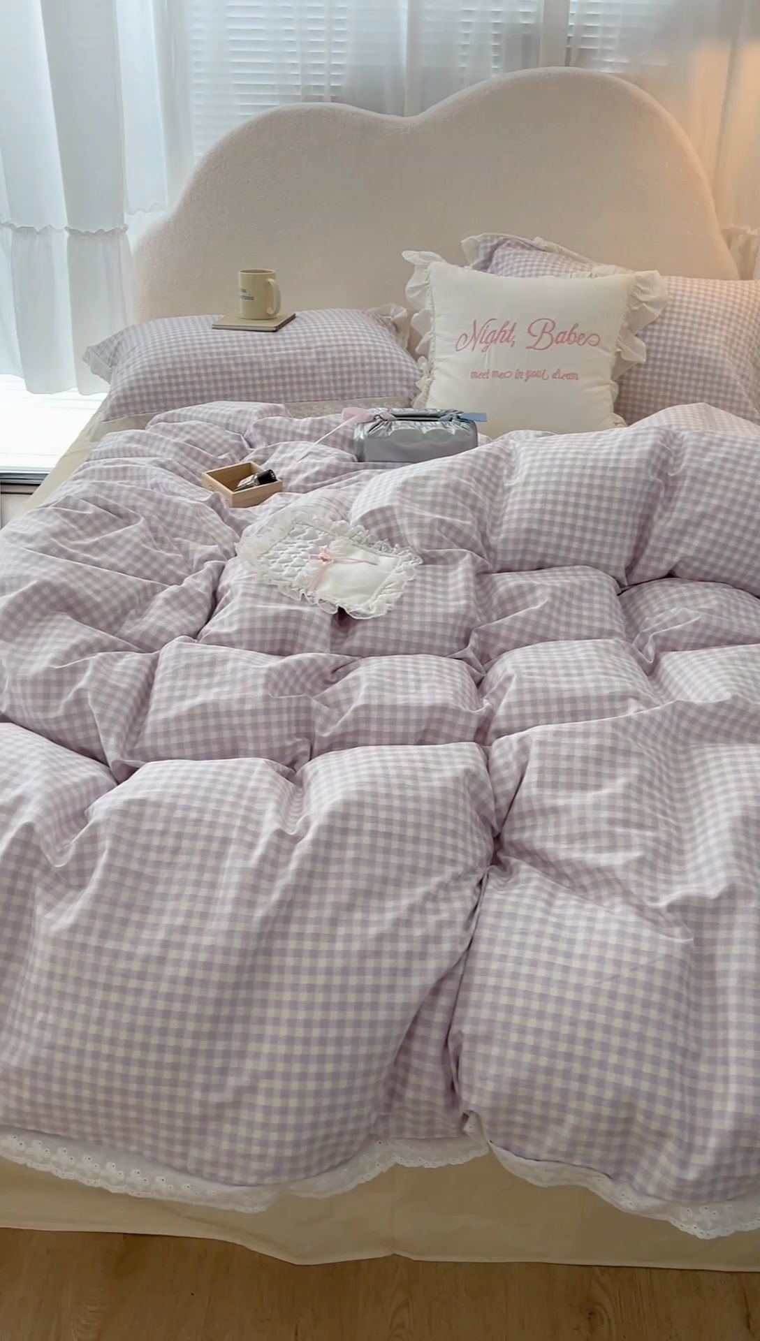 91家纺网 家纺一手货源 找家纺 昔可家纺 2024新款m1u系格子蕾丝花边四件套 奶油紫格