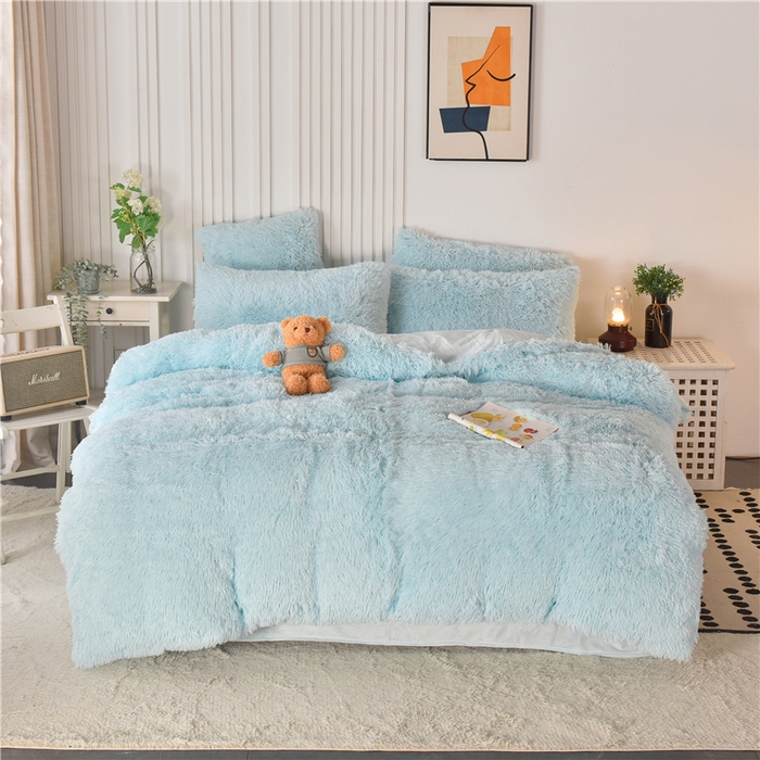 91家纺网 家纺一手货源 找家纺 鑫喜莱 2024新款长毛绒四件套 天蓝