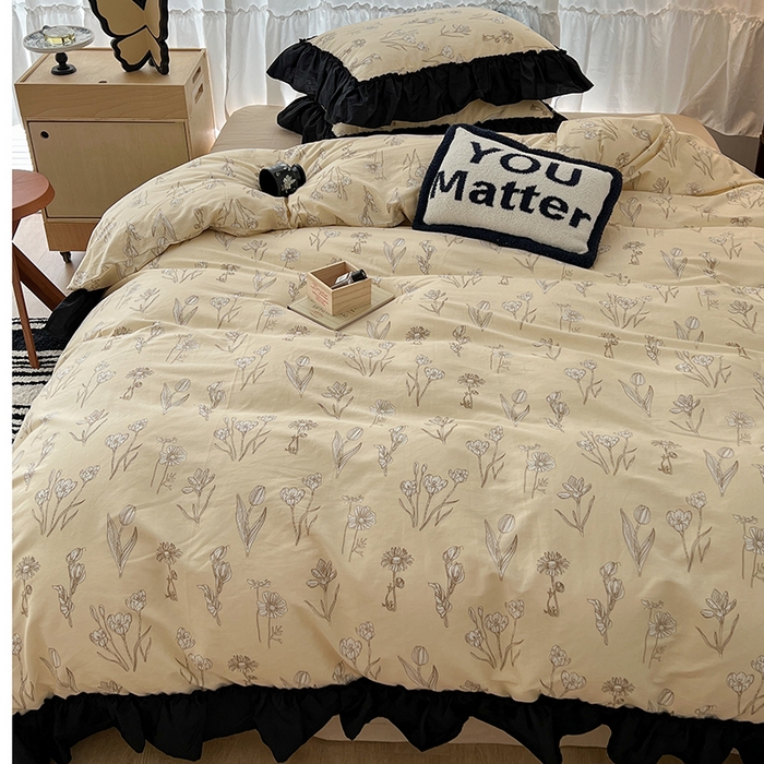 91家纺网 家纺一手货源 找家纺 昔可家纺 2024黑色贴边花边全棉款四件套 水墨栖语