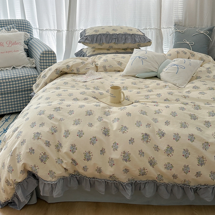 91家纺网 家纺一手货源 找家纺 昔可家纺 2024新款双层纱贴边全棉四件套 鸢尾蓝黛