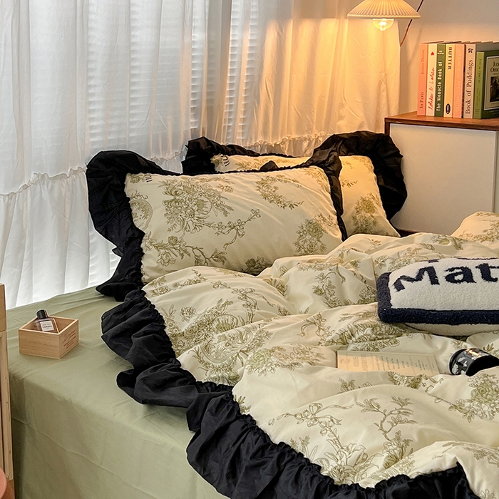 91家纺网 家纺一手货源 找家纺 昔可家纺 2024黑色贴边花边全棉款四件套 复古法式庄园