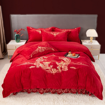 91家纺网 家纺一手货源 找家纺 张公子婚庆馆 2025新款宝宝绒婴儿绒婚庆刺绣四件套 高克重高端婚庆床上用品绣花四件套 龙凤情缘