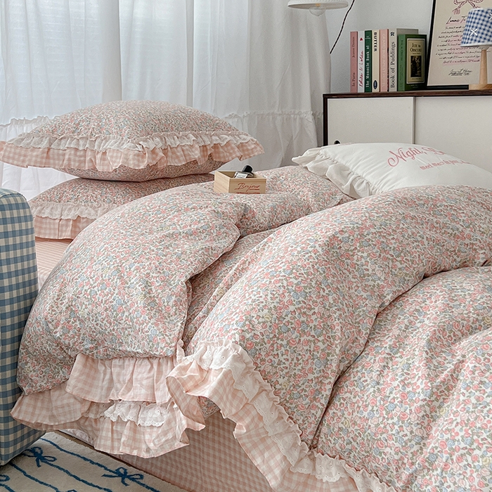 91家纺网 家纺一手货源 找家纺 昔可家纺 2024蕾丝双层花边款全棉四件套 日落花海