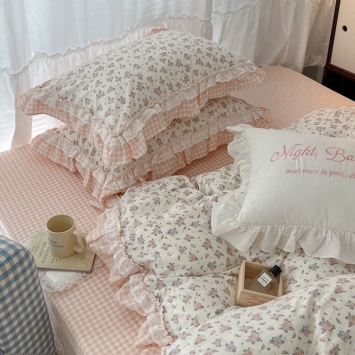 91家纺网 家纺一手货源 找家纺 昔可家纺 2024蕾丝双层花边款全棉四件套 春鹭杏花