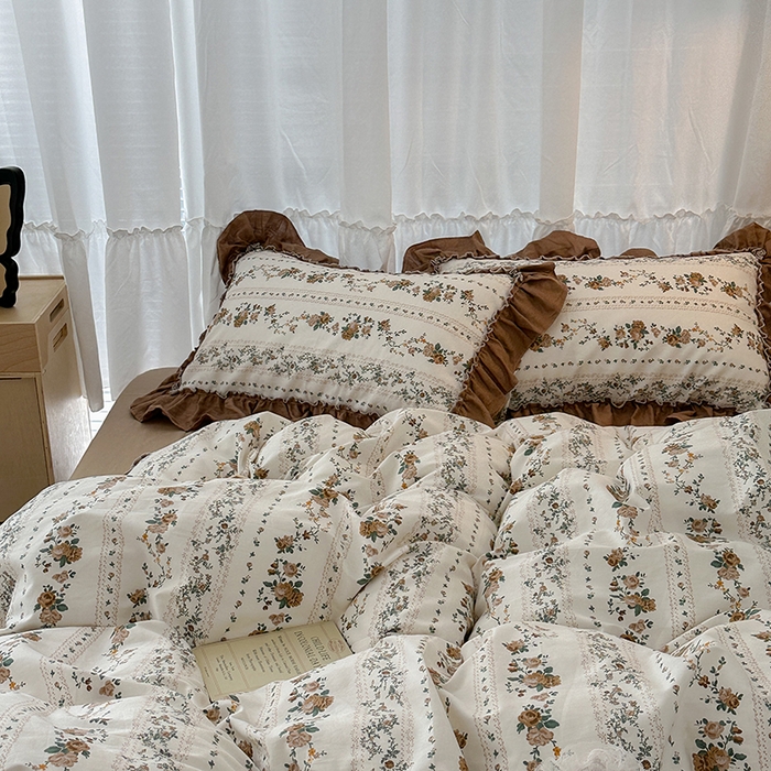 91家纺网 家纺一手货源 找家纺 昔可家纺 2024新款双层纱贴边全棉四件套 复古咖玫瑰