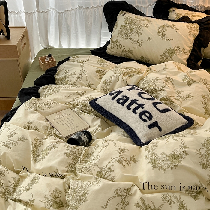 91家纺网 家纺一手货源 找家纺 昔可家纺 2024黑色贴边花边全棉款四件套 复古法式庄园