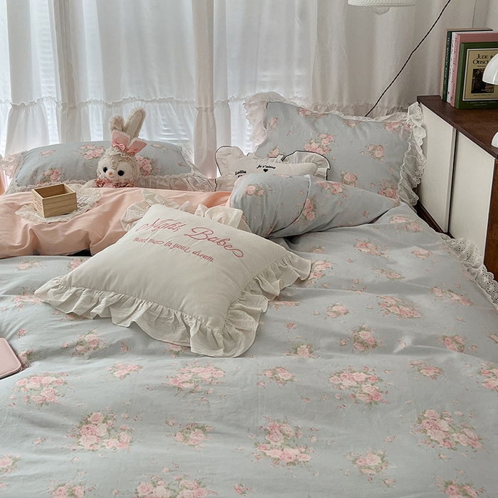 91家纺网 家纺一手货源 找家纺 昔可家纺 2024新款仙仙蕾丝贴边全棉花边款四件套 粉樱花蕾