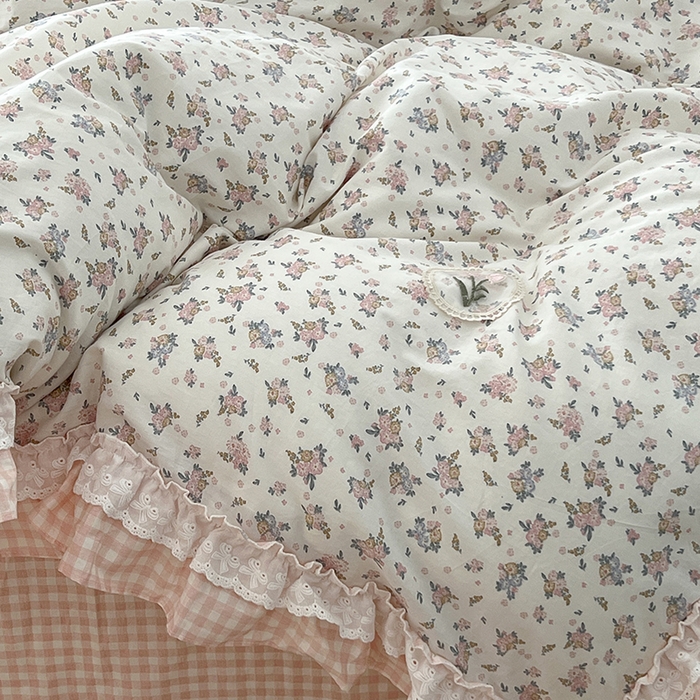 91家纺网 家纺一手货源 找家纺 昔可家纺 2024蕾丝双层花边款全棉四件套 春鹭杏花