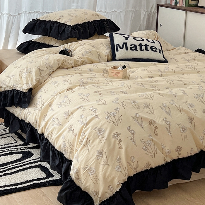 91家纺网 家纺一手货源 找家纺 昔可家纺 2024黑色贴边花边全棉款四件套 水墨栖语