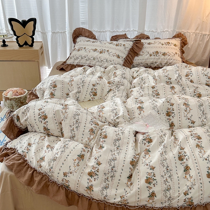 91家纺网 家纺一手货源 找家纺 昔可家纺 2024新款双层纱贴边全棉四件套 复古咖玫瑰