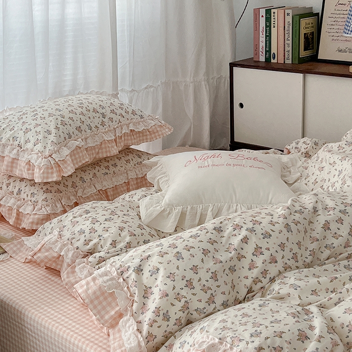 91家纺网 家纺一手货源 找家纺 昔可家纺 2024蕾丝双层花边款全棉四件套 春鹭杏花