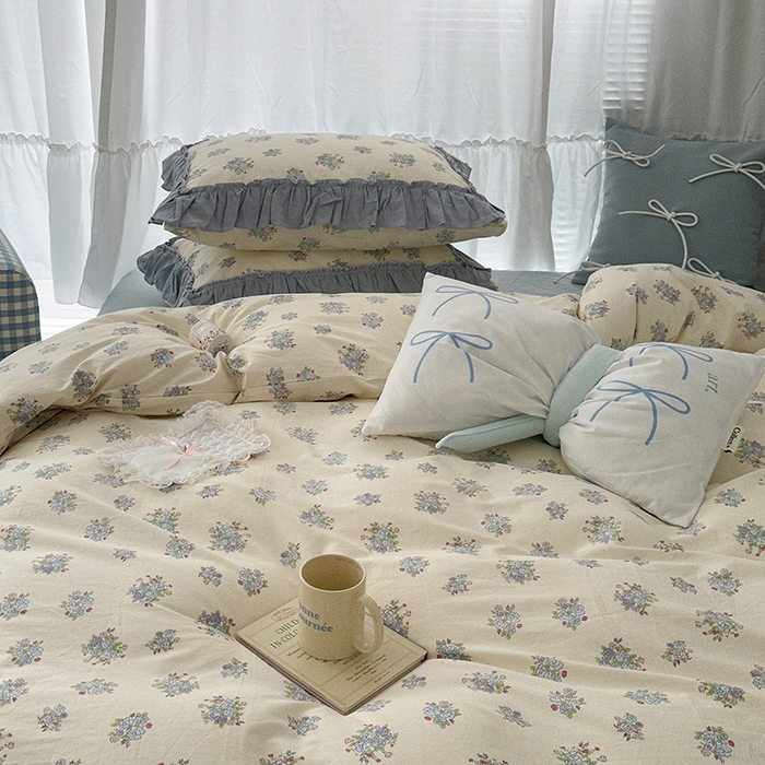 91家纺网 家纺一手货源 找家纺 昔可家纺 2024新款双层纱贴边全棉四件套 鸢尾蓝黛