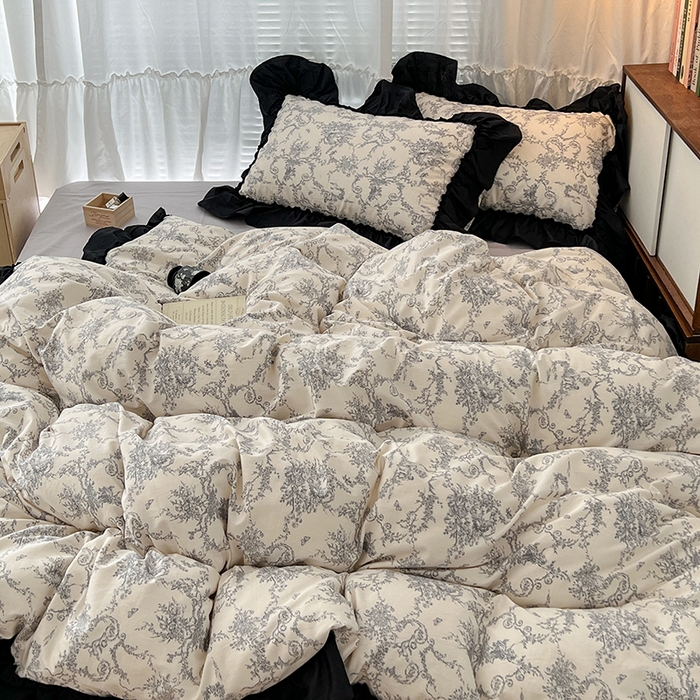 91家纺网 家纺一手货源 找家纺 昔可家纺 2024黑色贴边花边全棉款四件套 香榭假日